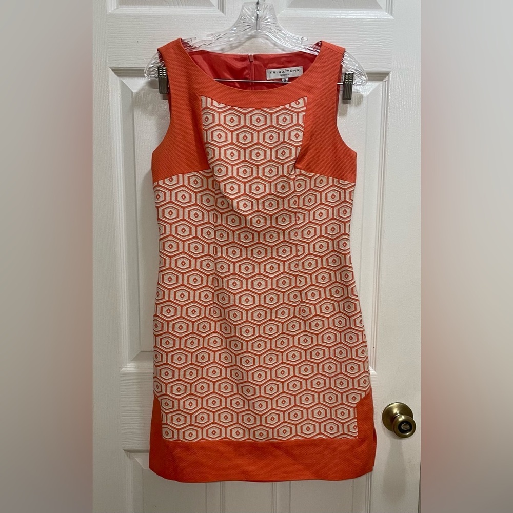 Trina Turk Coral Orange and Tan Geometric Pattern Sleeveless Sheath Dress Size 4